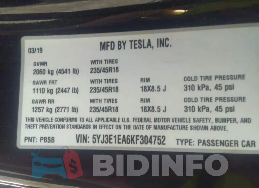5YJ3E1EA6KF304752 Photo# 9