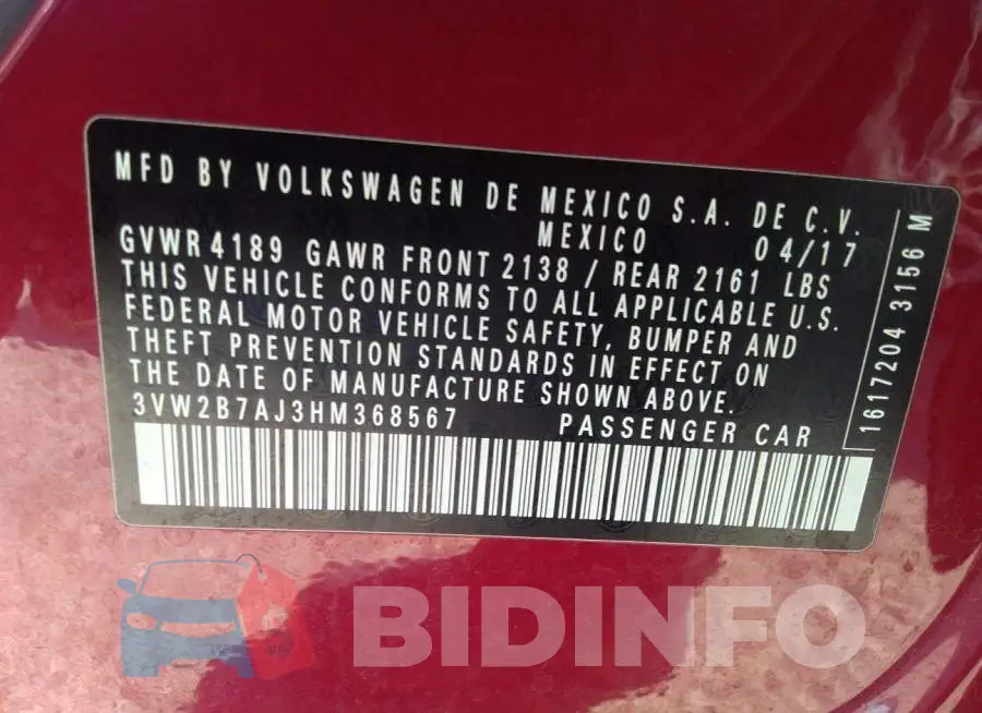 3VW2B7AJ3HM368567 Photo# 9