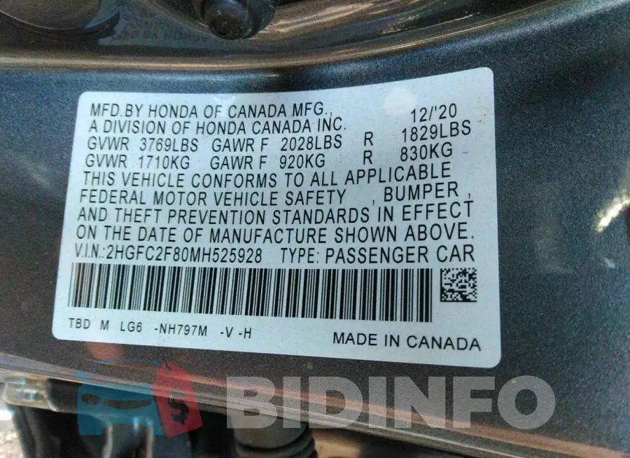 2HGFC2F80MH525928 Photo# 9