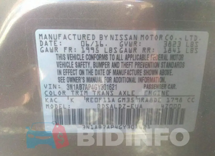 3N1AB7AP4GY301621 Photo# 9