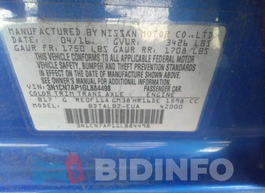 3N1CN7AP1GL884498 Photo# 9