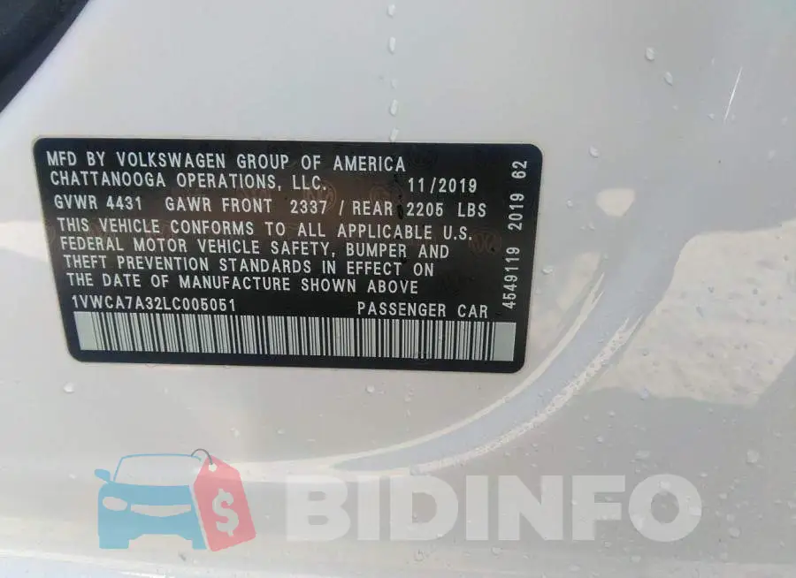 1VWCA7A32LC005051 Photo# 9
