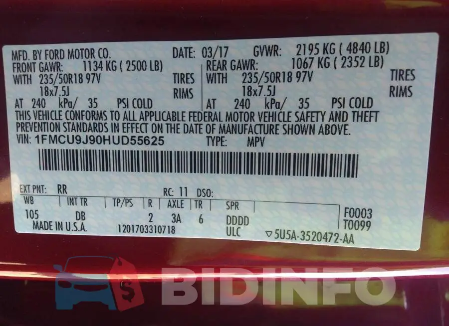 1FMCU9J90HUD55625 Photo# 9
