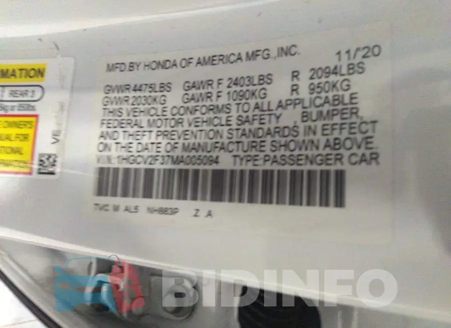 1HGCV2F37MA005094 Photo# 9