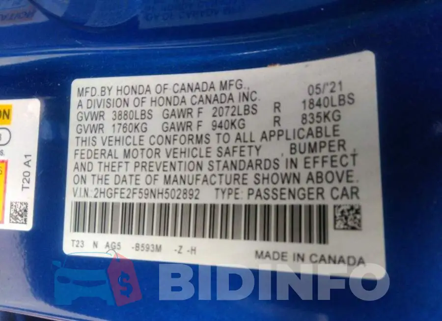 2HGFE2F59NH502892 Photo# 9
