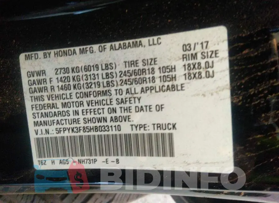 5FPYK3F85HB033110 Photo# 9