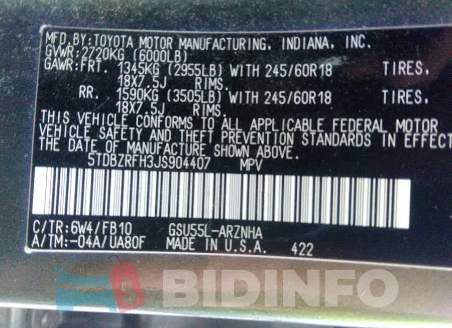 5TDBZRFH3JS904407 Photo# 9