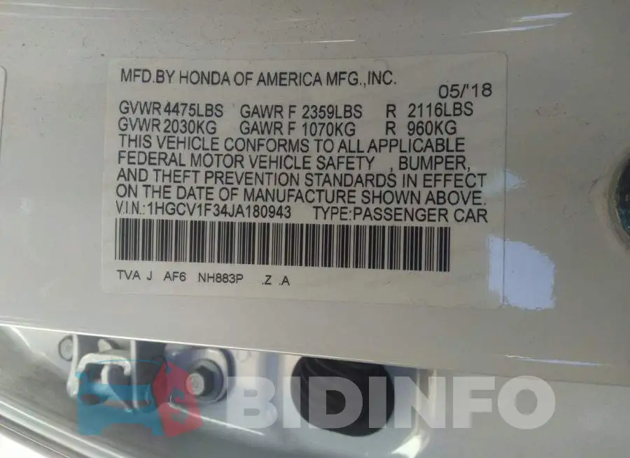 1HGCV1F34JA180943 Photo# 9