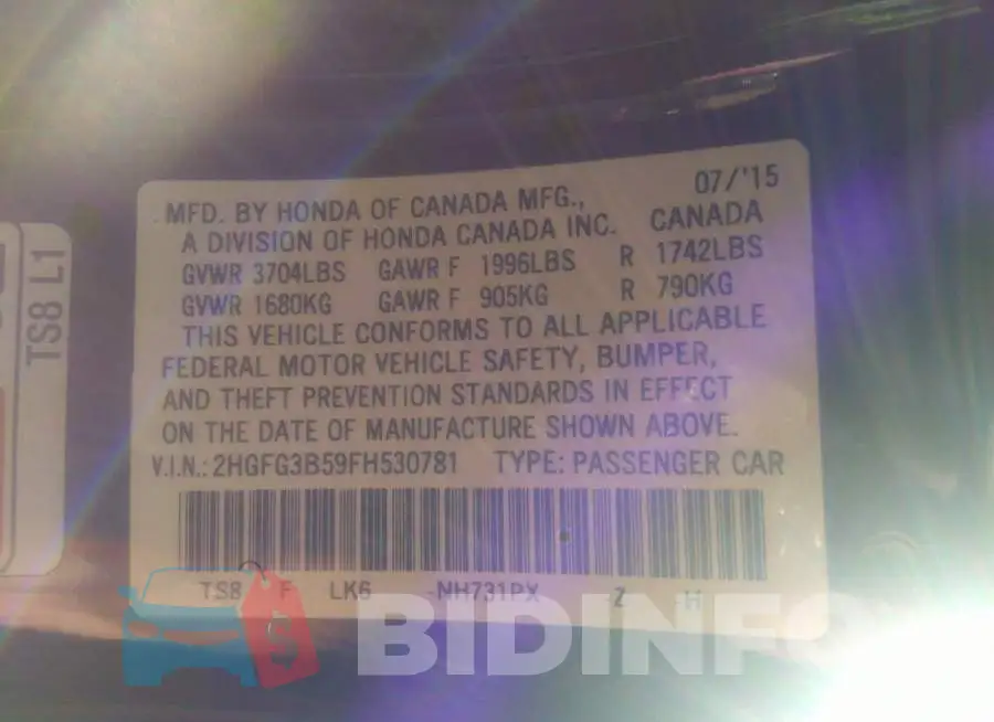 2HGFG3B59FH530781 Photo# 9