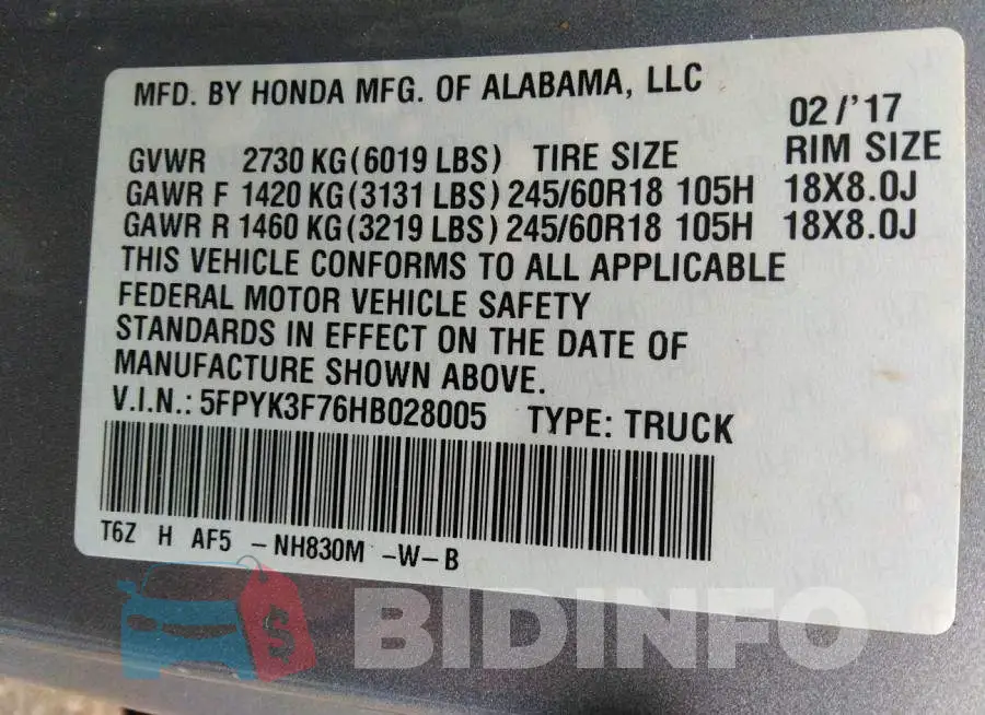 5FPYK3F76HB028005 Photo# 9