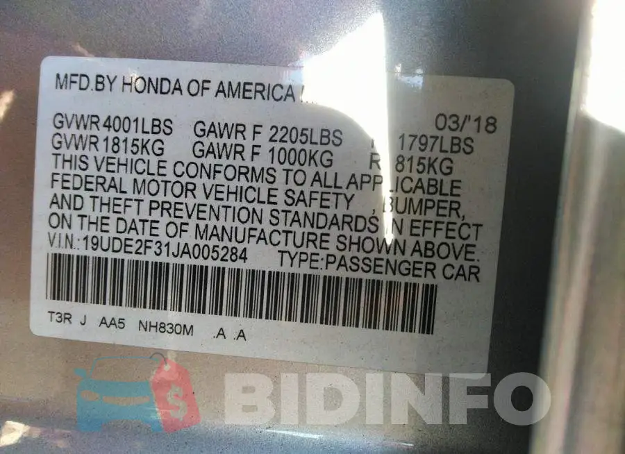 19UDE2F31JA005284 Photo# 9