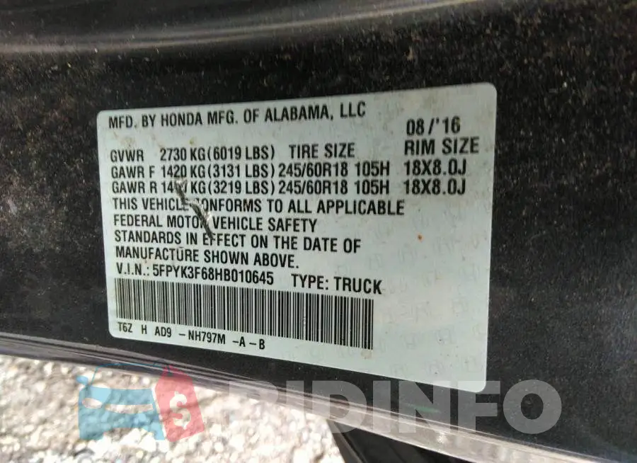 5FPYK3F68HB010645 Photo# 9