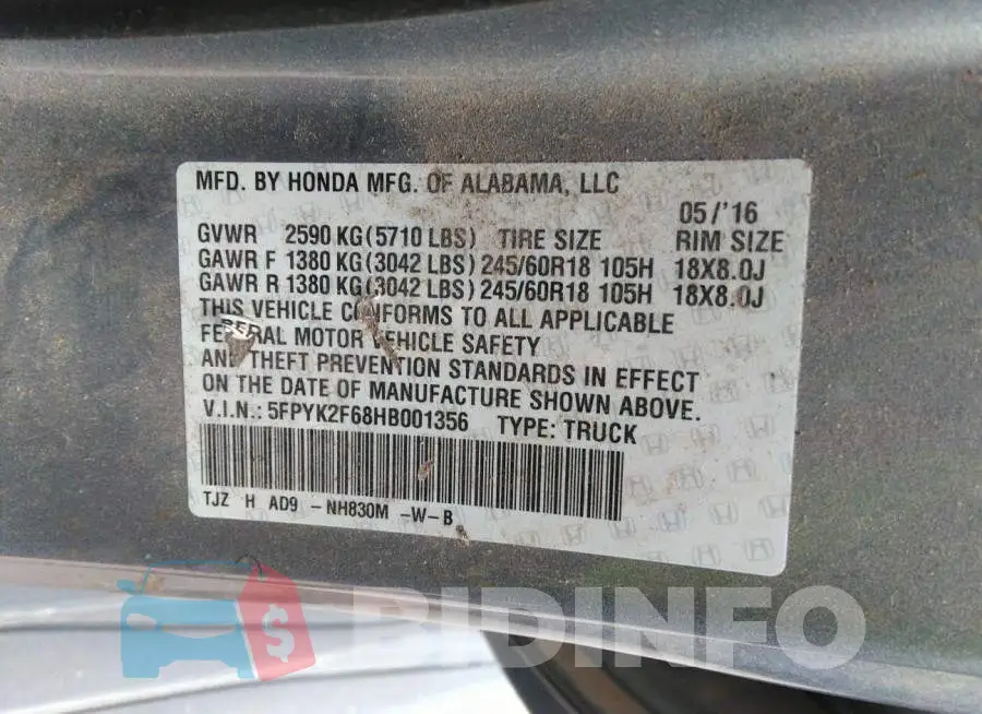 5FPYK2F68HB001356 Photo# 9