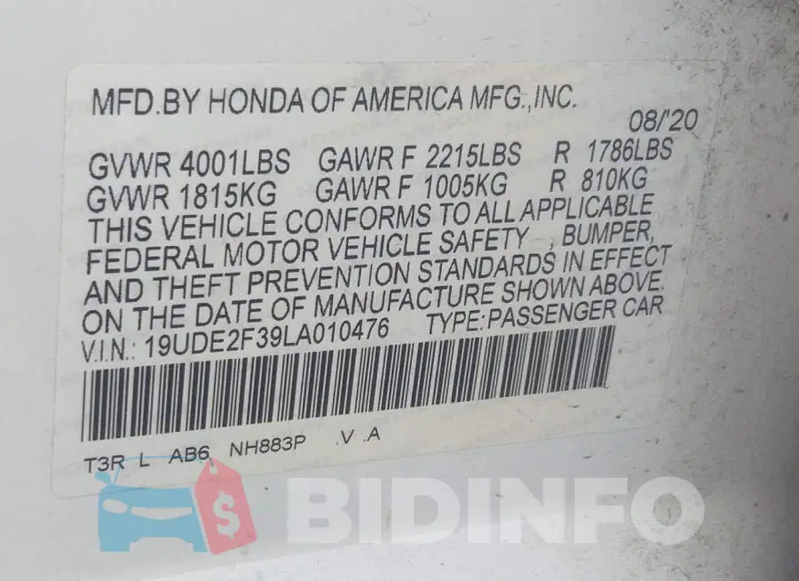 19UDE2F39LA010476 Photo# 9
