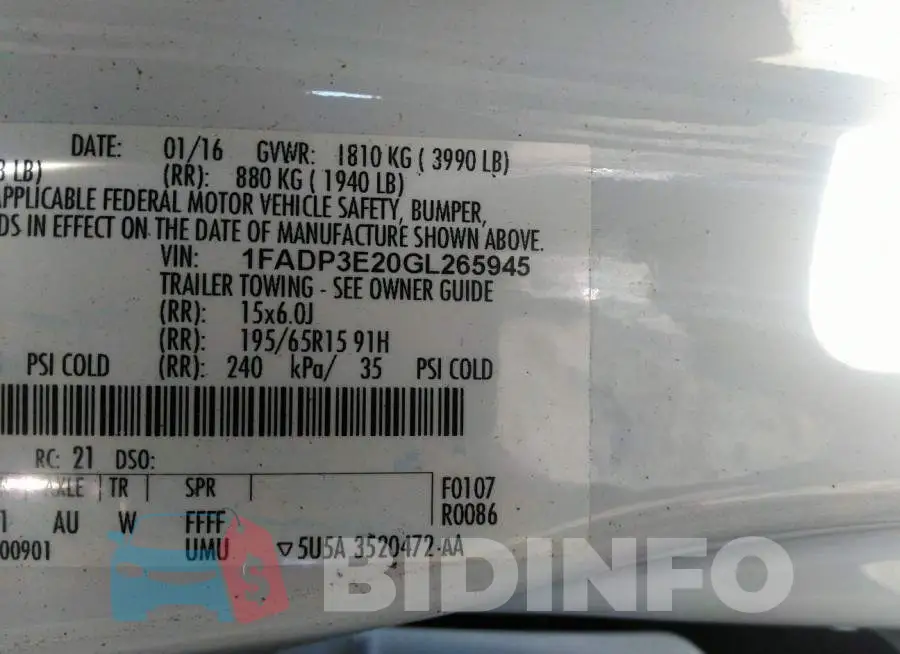 1FADP3E20GL265945 Photo# 9