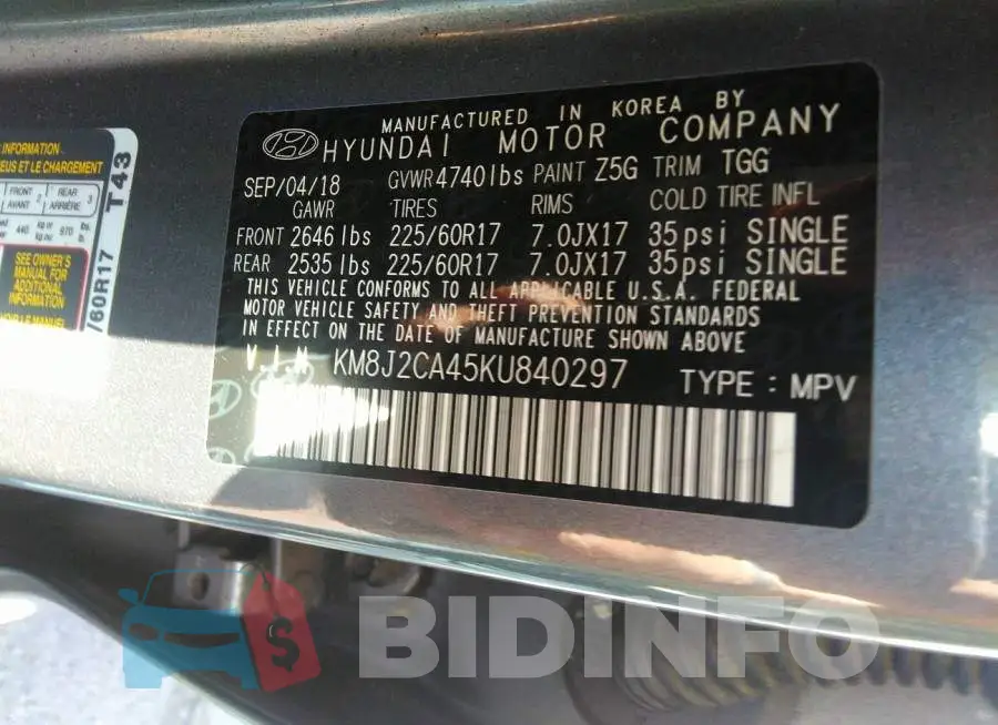 KM8J2CA45KU840297 Photo# 9