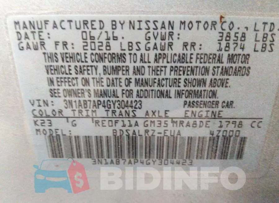 3N1AB7AP4GY304423 Photo# 9