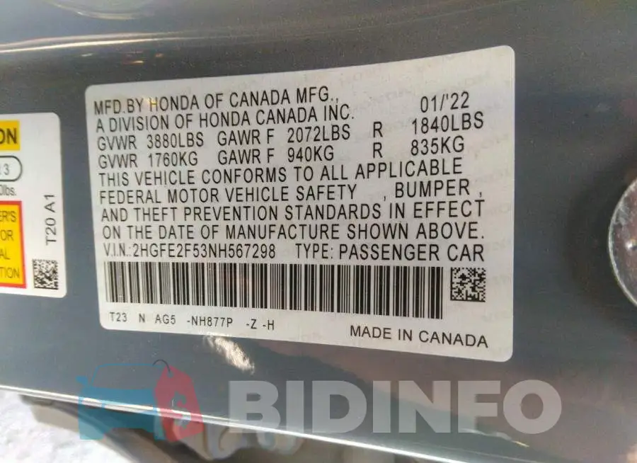 2HGFE2F53NH567298 Photo# 9