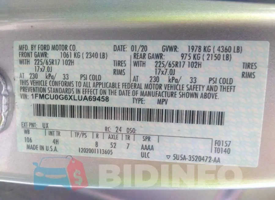 1FMCU0G6XLUA69458 Photo# 9
