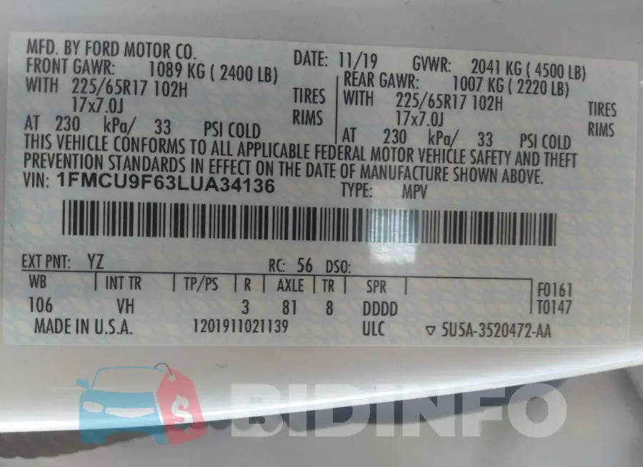 1FMCU9F63LUA34136 Photo# 9