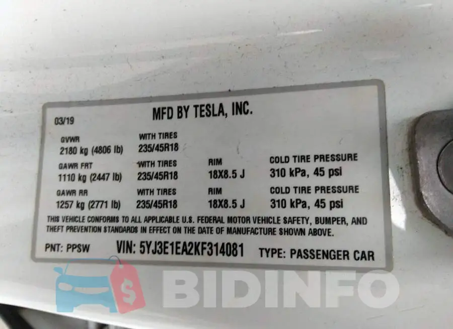 5YJ3E1EA2KF314081 Photo# 9