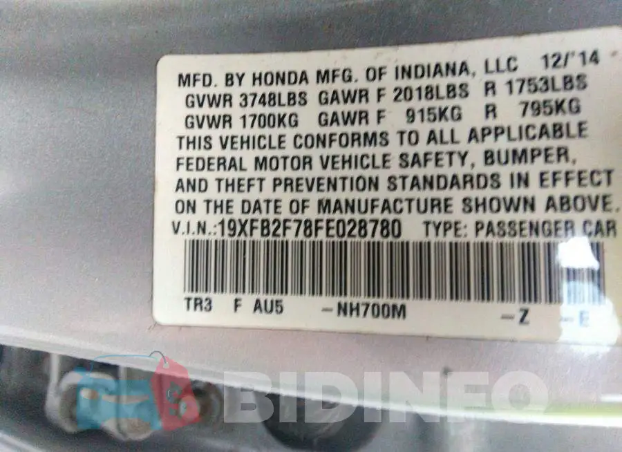 19XFB2F78FE028780 Photo# 9