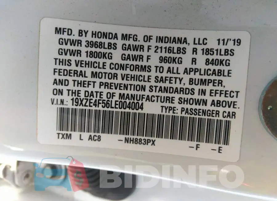 19XZE4F56LE004004 Photo# 9