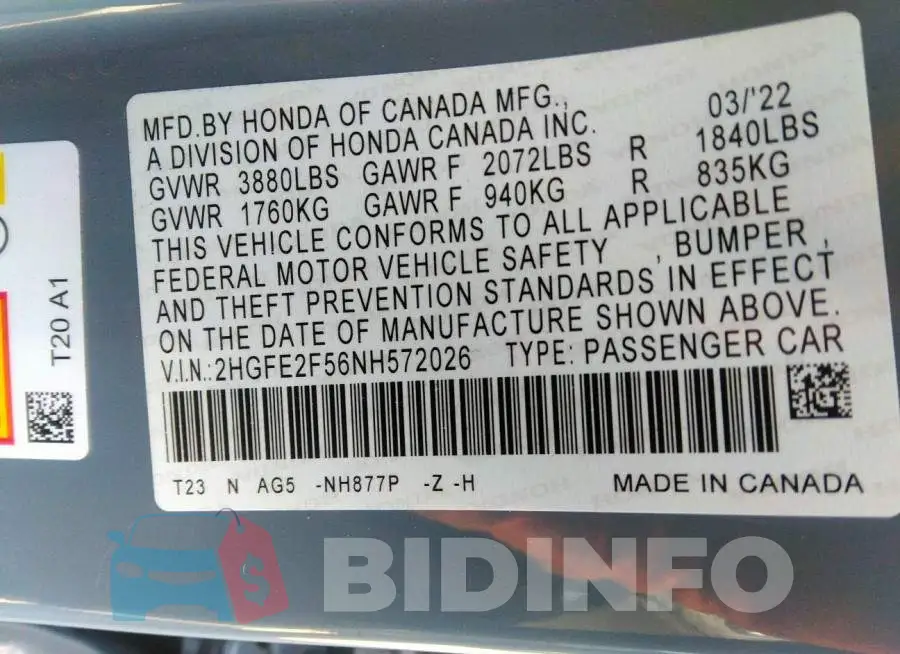 2HGFE2F56NH572026 Photo# 9