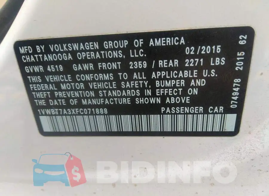 1VWBT7A3XFC071888 Photo# 9