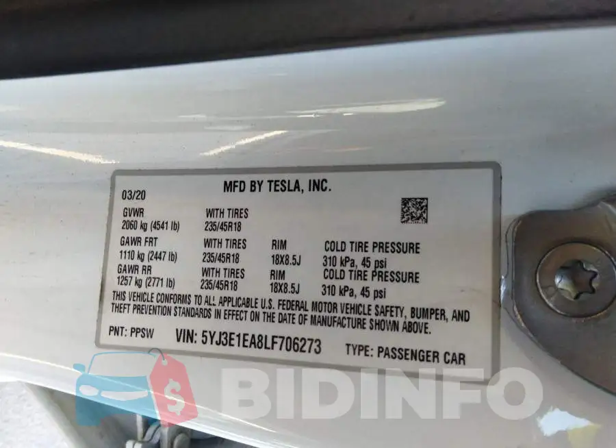 5YJ3E1EA8LF706273 Photo# 8