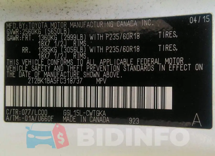 2T2BK1BA5FC318737 Photo# 9