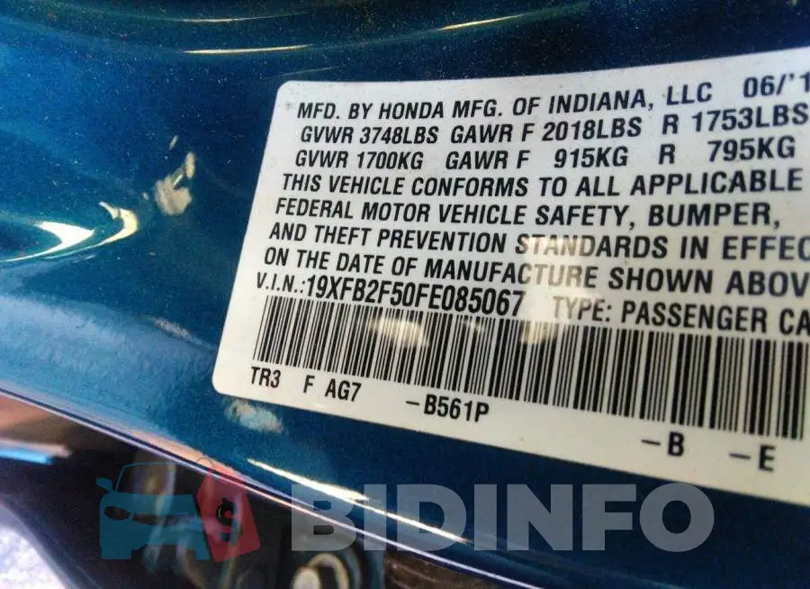 19XFB2F50FE085067 Photo# 9