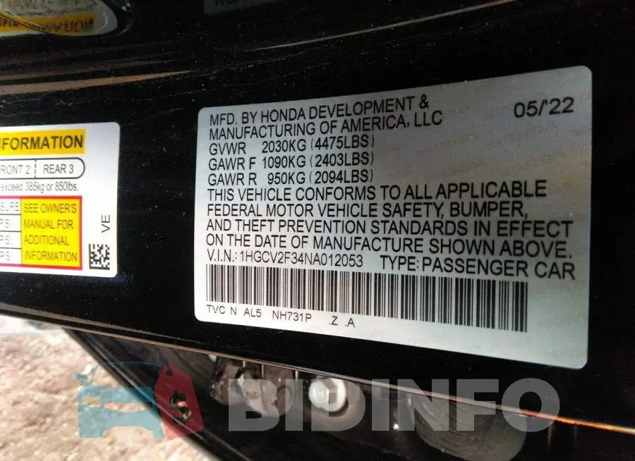 1HGCV2F34NA012053 Photo# 9