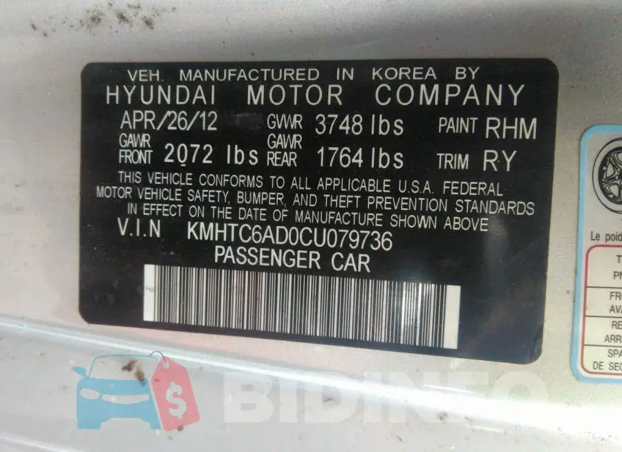 KMHTC6AD0CU079736 Photo# 9