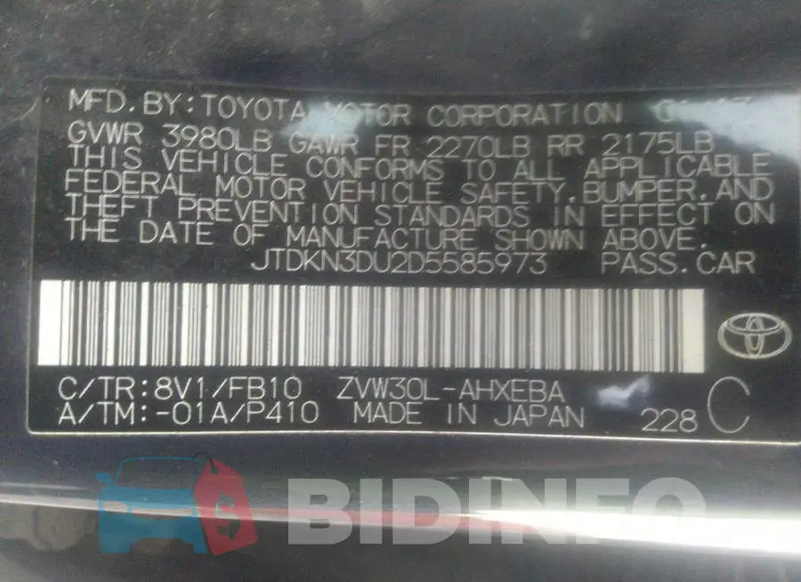 JTDKN3DU2D5585973 Photo# 9