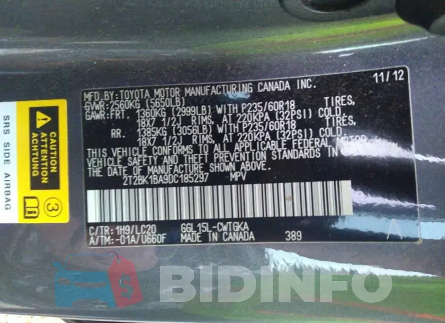 2T2BK1BA9DC185297 Photo# 9