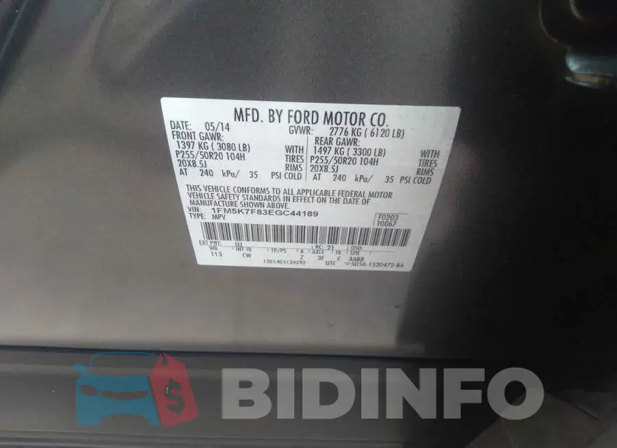 1FM5K7F83EGC44189 Photo# 9