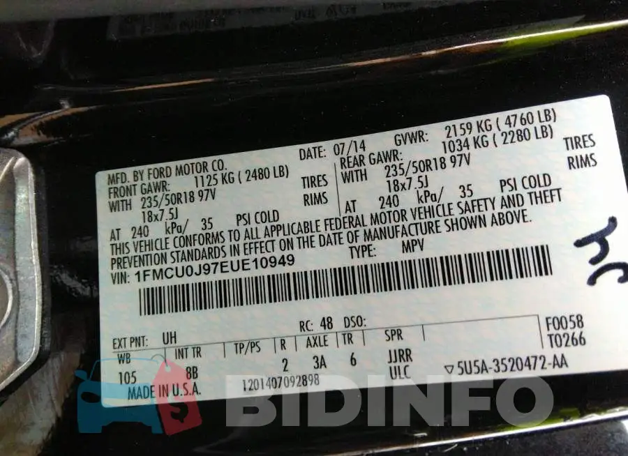 1FMCU0J97EUE10949 Photo# 9