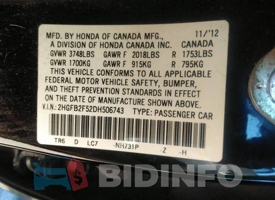 2HGFB2F52DH506743 Photo# 9
