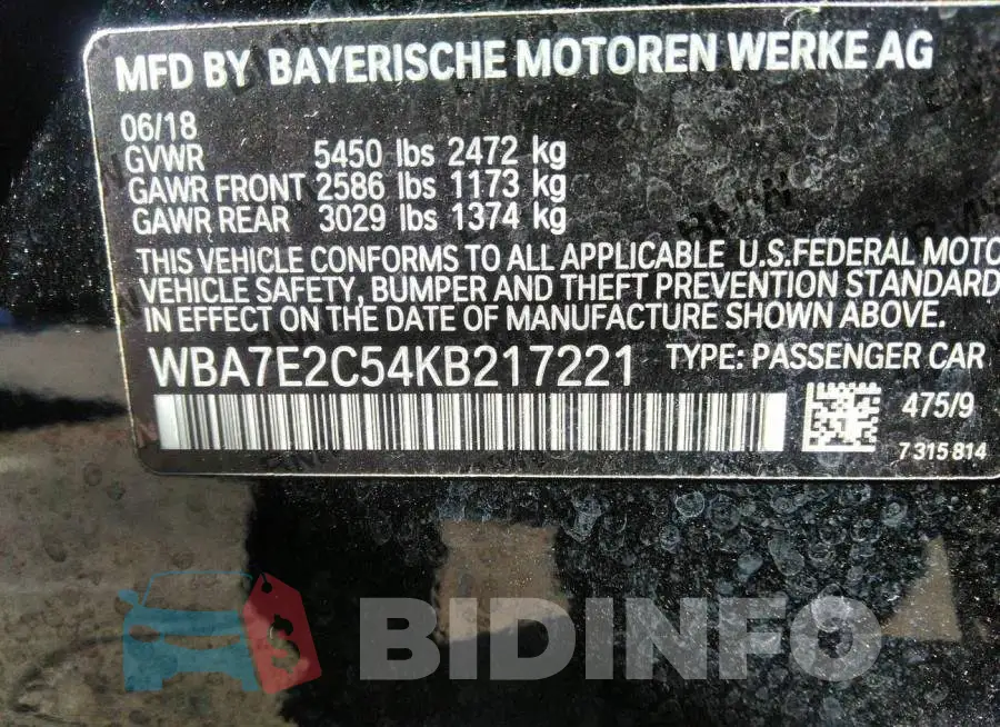 WBA7E2C54KB217221 Photo# 9