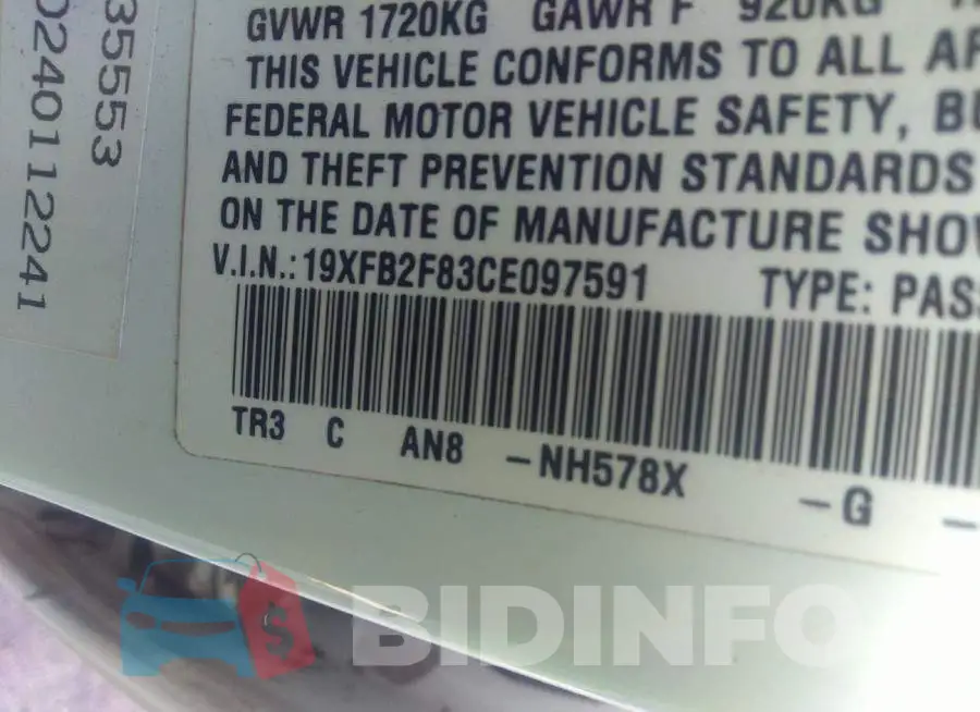 19XFB2F83CE097591 Photo# 9