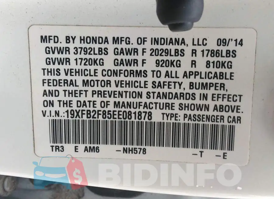 19XFB2F85EE081878 Photo# 9