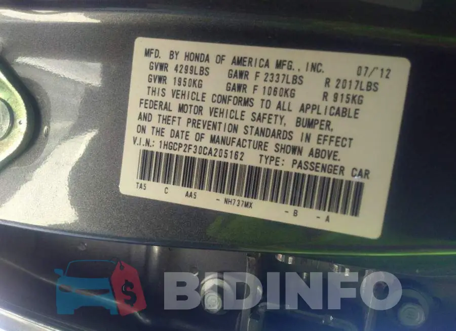 1HGCP2F30CA205162 Photo# 9