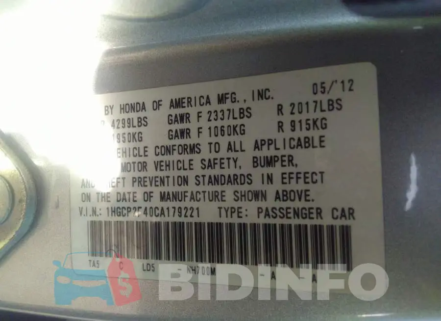 1HGCP2F40CA179221 Photo# 9