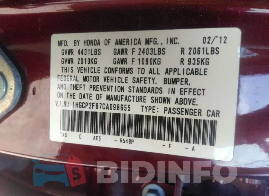 1HGCP2F87CA098655 Photo# 9