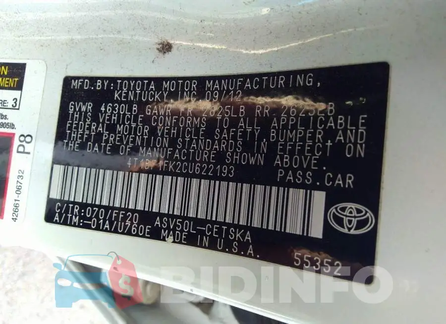 4T1BF1FK2CU622193 Photo# 9