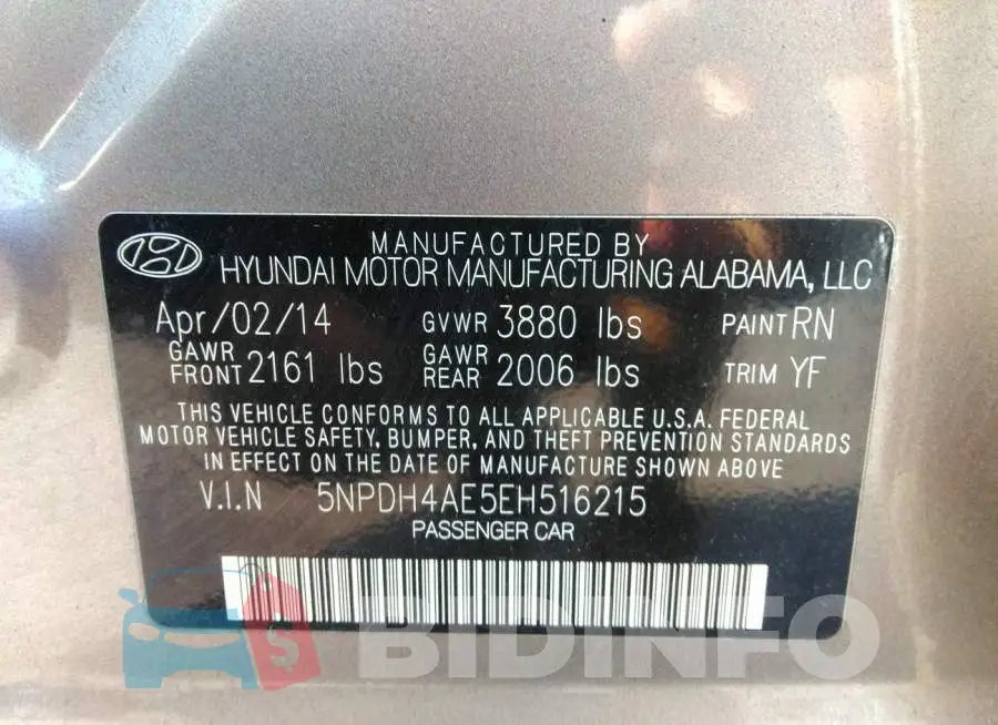 5NPDH4AE5EH516215 Photo# 9