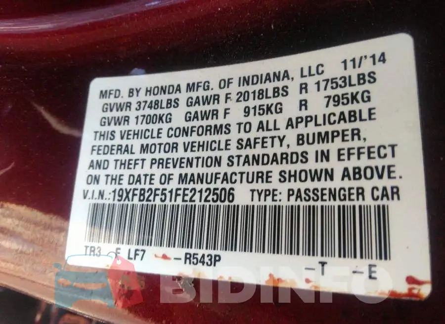 19XFB2F51FE212506 Photo# 9