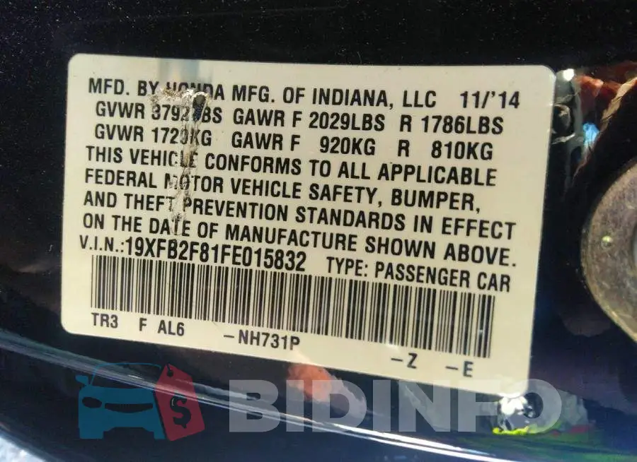 19XFB2F81FE015832 Photo# 9