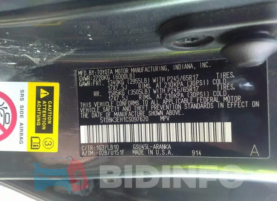 5TDBK3EH1CS097620 Photo# 9